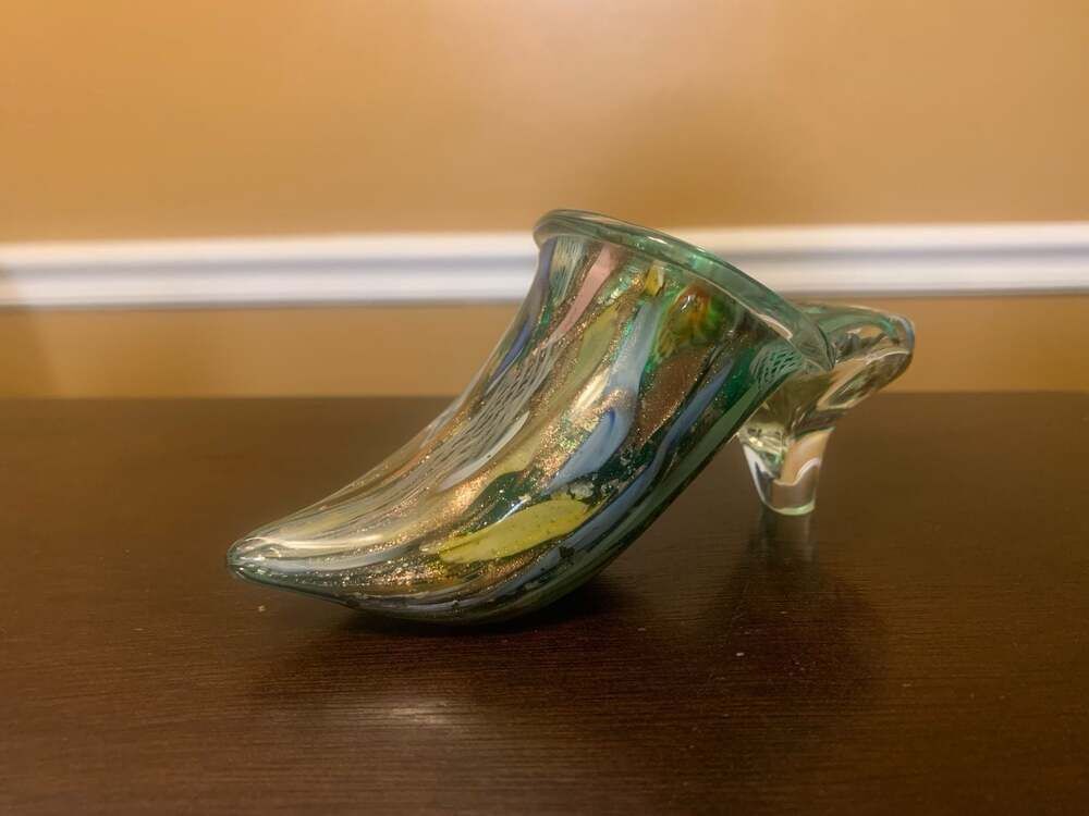 Vintage Murano Multicolored Latticino Art Glass High Heel Slipper with Gold Flec